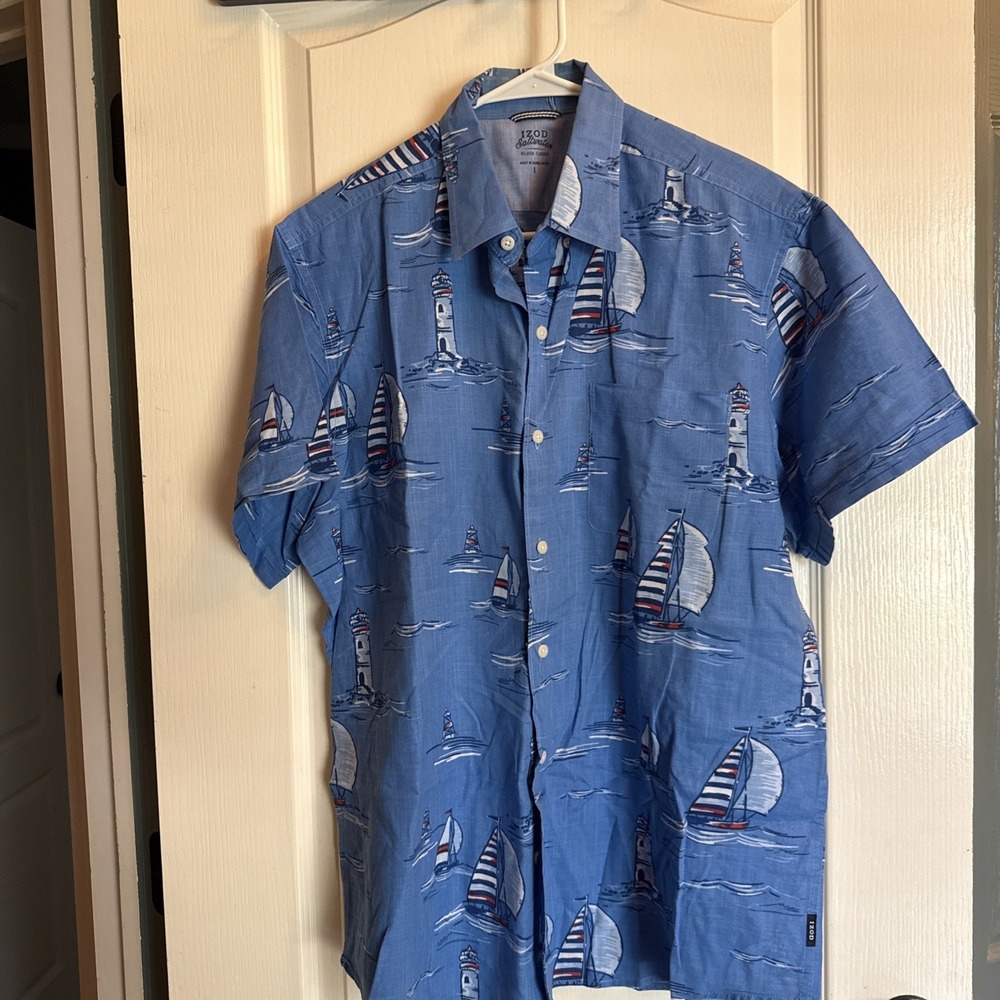 EUC Men's Izod Saltwater Relaxed Classic Sailboat Print Button Down Shirt Large
